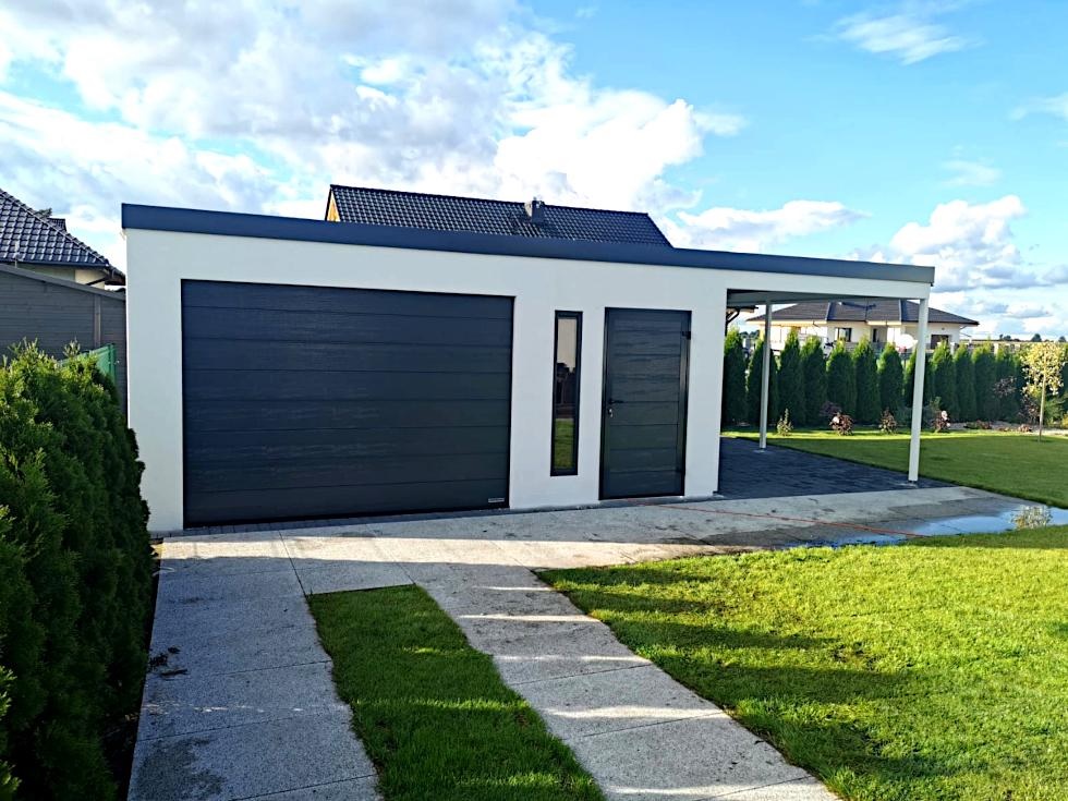 Großraumgarage mit Anbaucarport in Villingen-Schwenningen – Fertiggarage aus Stahl von RF Garagensysteme